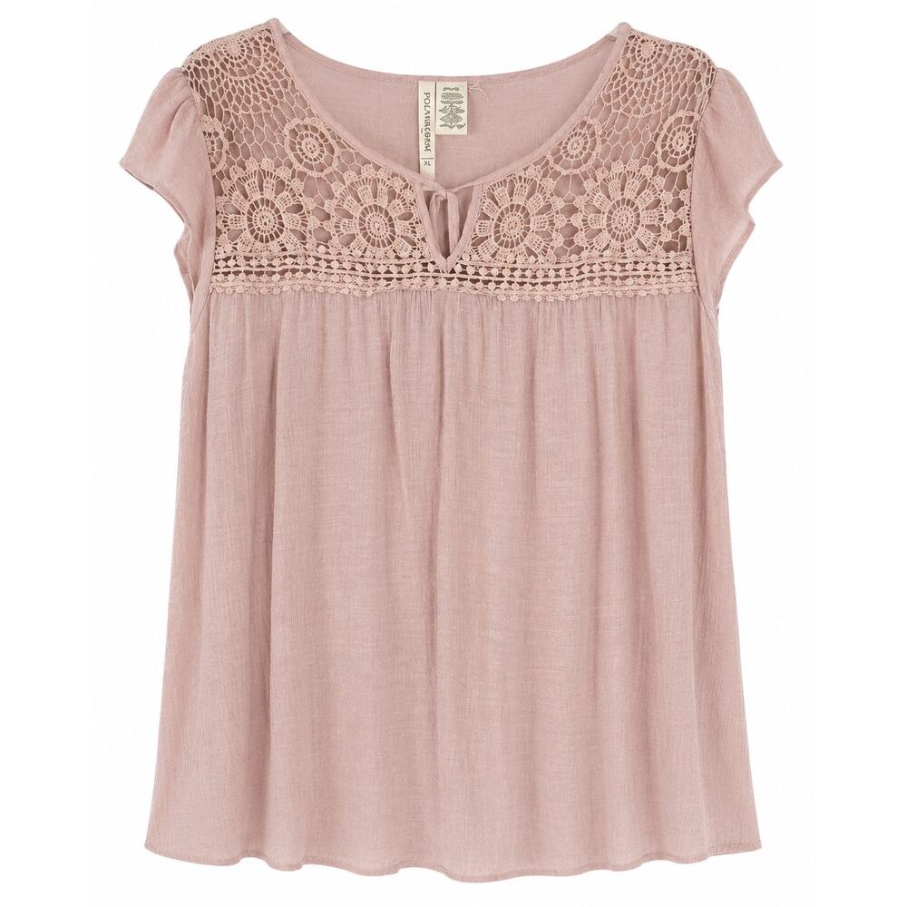 Forgotten Grace 2X Blush Pink Crochet Lace Peasant Boho Flowy Feminine Tunic